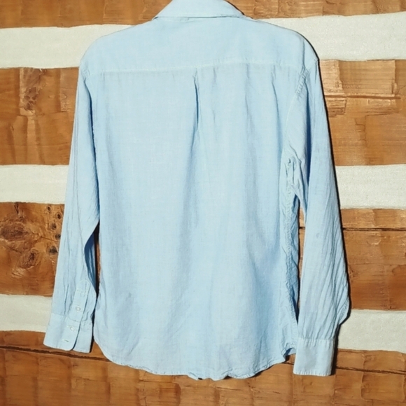 Classic ruffle button down academia white stitching boyfriend fit light blue S - Picture 6 of 8